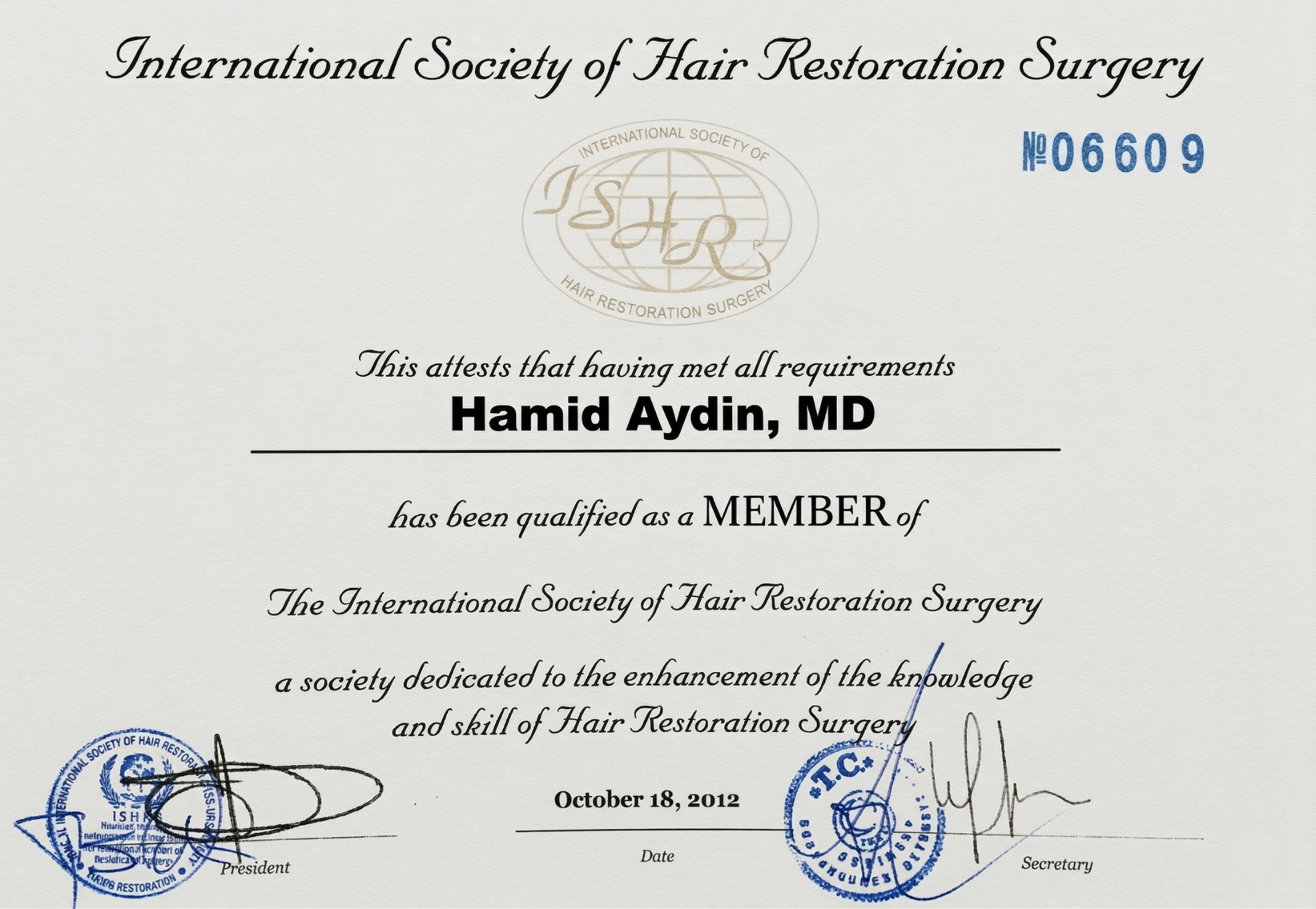 ISHRS Membership Certificate